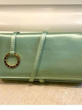 Bulgari Seafoam Green Leather Wristlet Clutch with Gold Charm